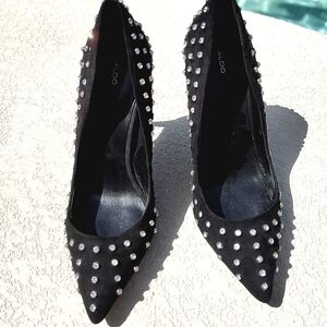 Aldo black suede studded rhinestone pointy toe stiletto